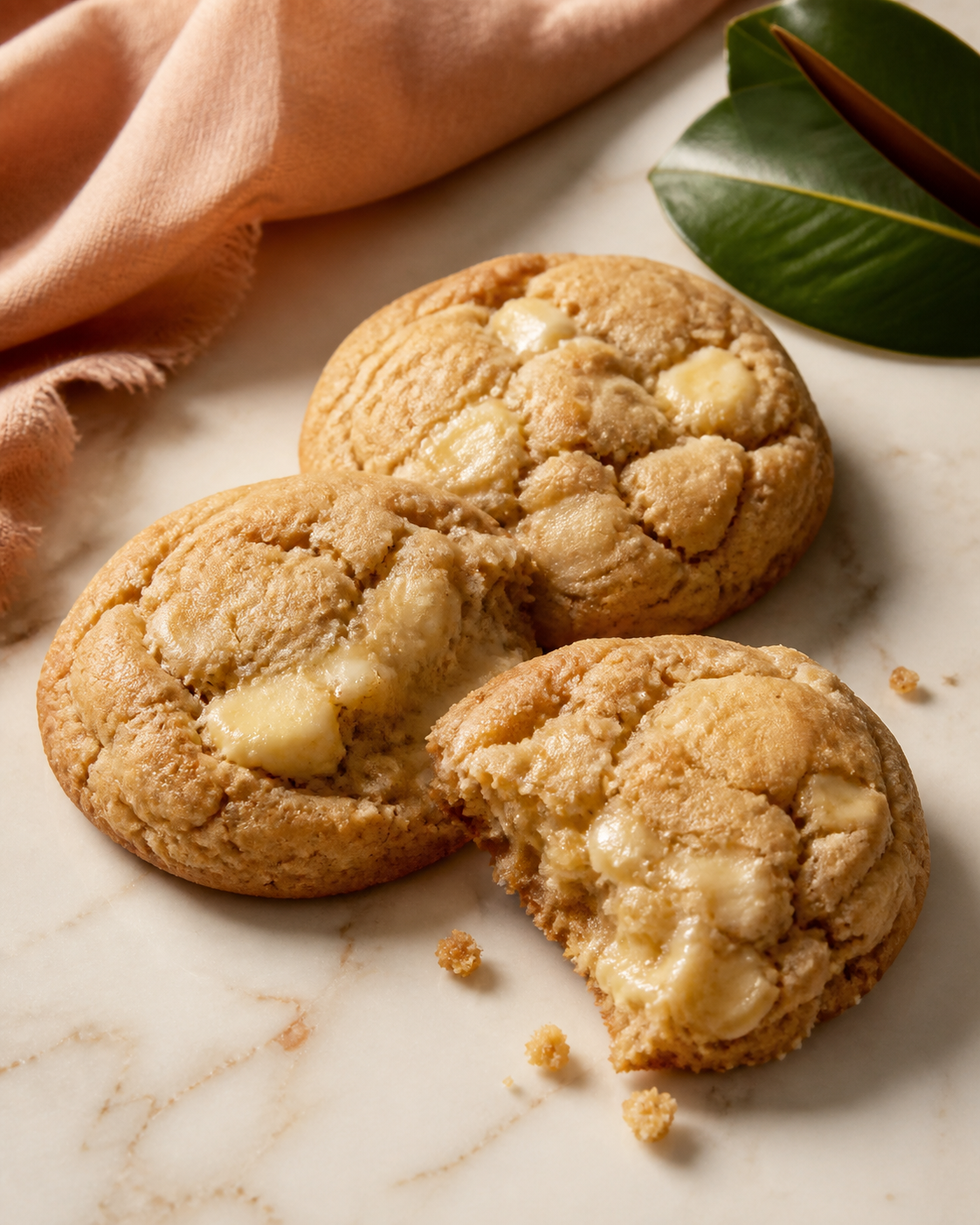 Three realistic white chocolate chip cookies in warm Southern window light